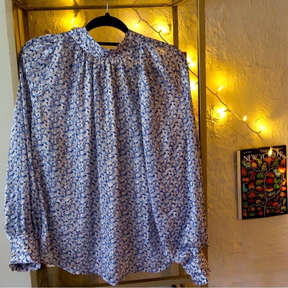 Floral Blue and White High-Neck Blouse